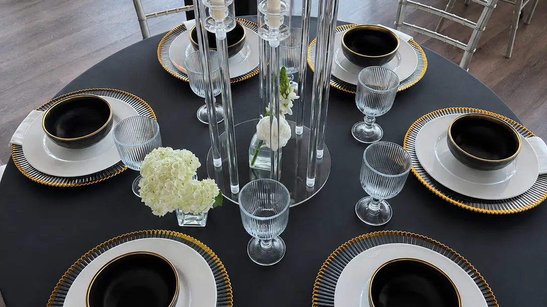 Black linen table, overhead width=