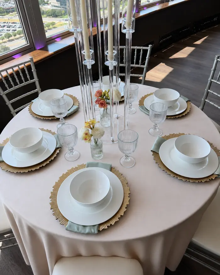 Champagne 120-inch round tablecloth set for six at Founders Tower, Oklahoma City